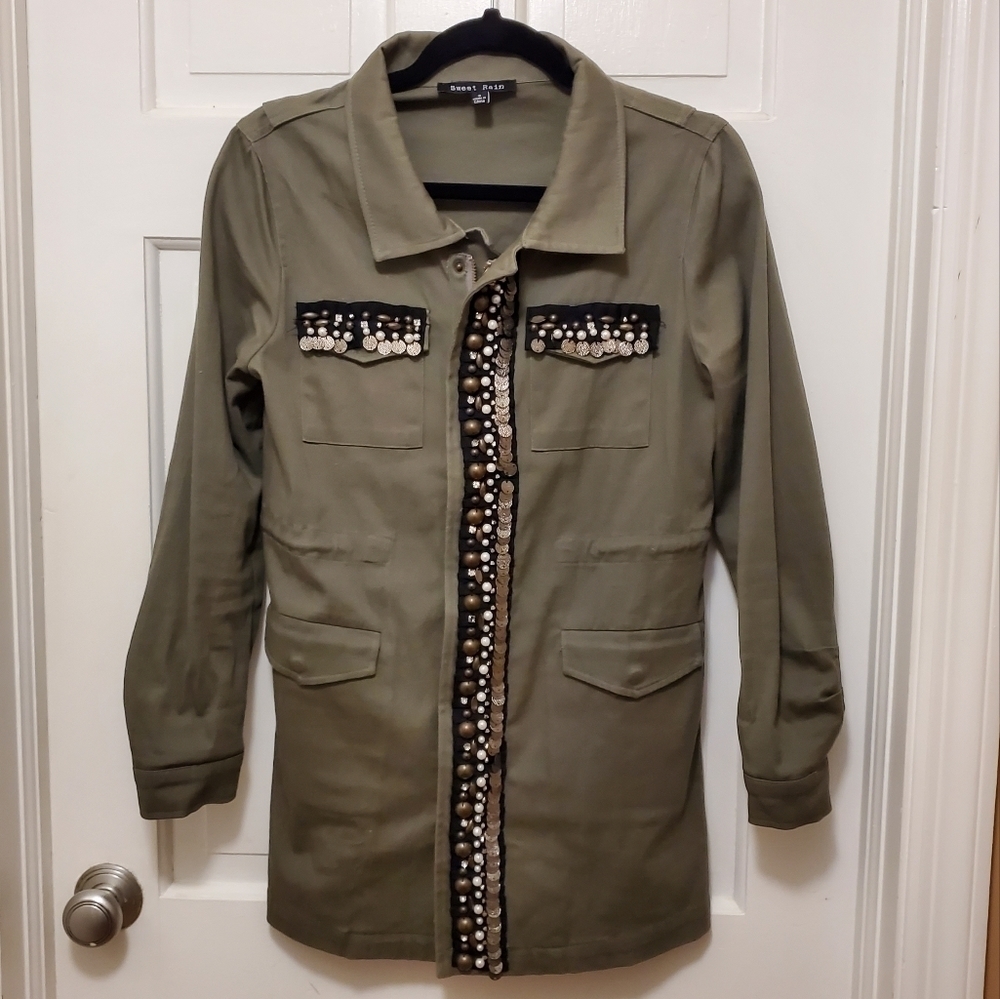 Sweet Rain Army Green Denim Embellished Zip/Snap Close Jacket Small